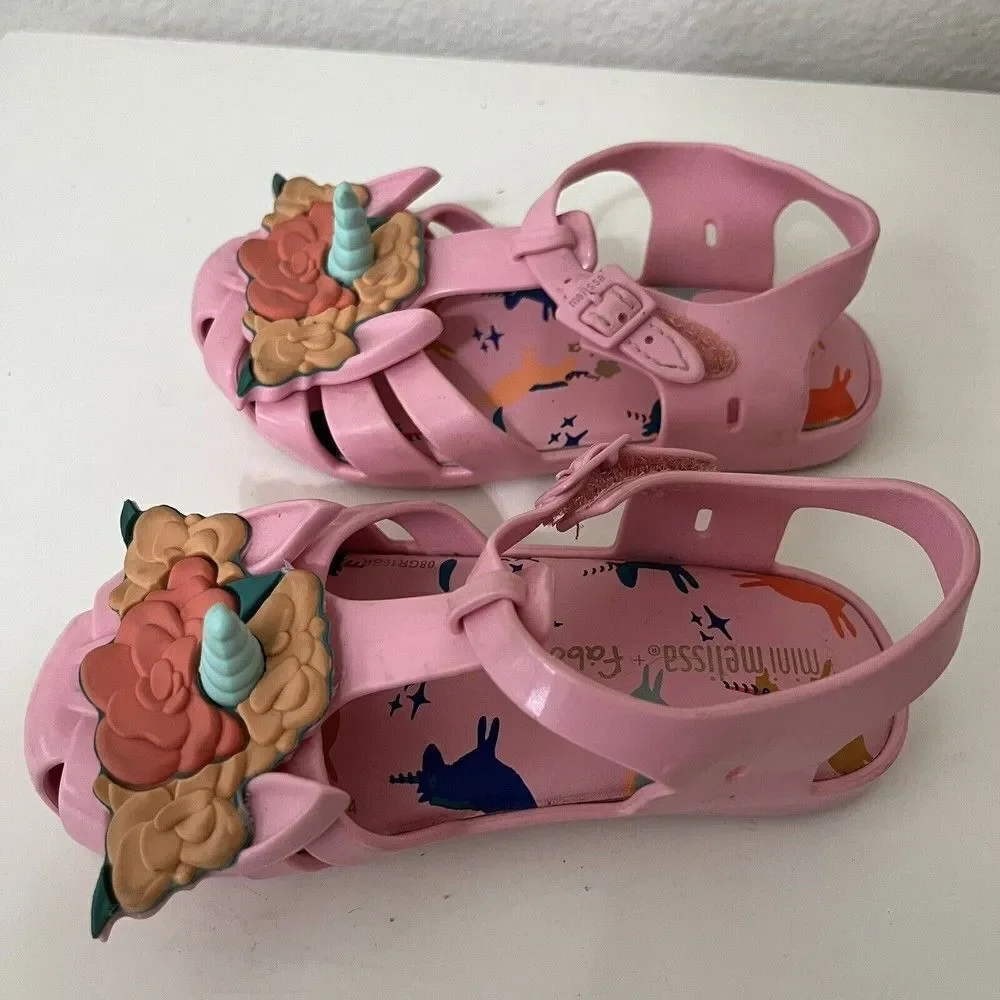 Mini Melissa Aranha + Fabula B Pink Unicorn Horn Sandals Toddler Girls Size 9